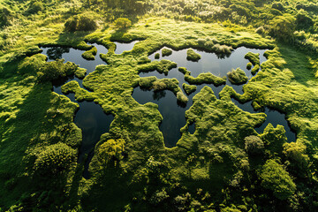 World map made of water between forest, aerial view from above. - obrazy, fototapety, plakaty
