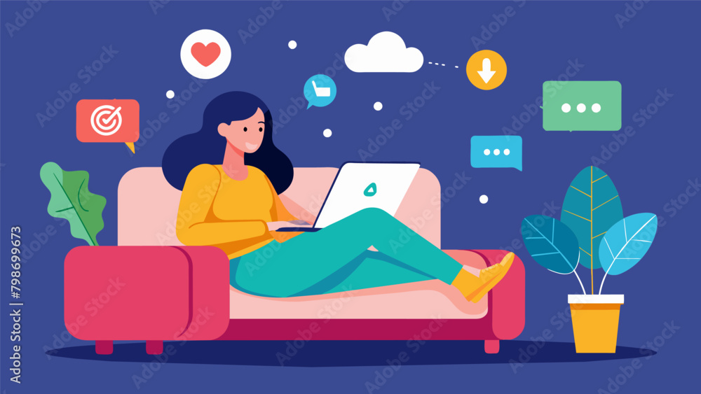 Poster a woman lounges on her couch browsing the internet and scrolling through social media using only her