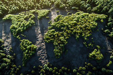 Fototapeta premium World map made of trees in forest, aerial view from above.