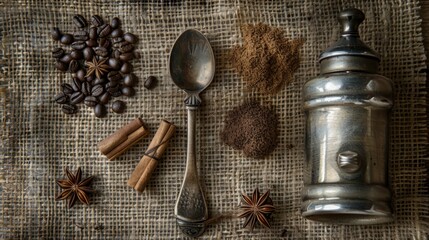 The charming rustic table adorned with a burlap cloth showcases a vintage coffee grinder, Generated by AI - obrazy, fototapety, plakaty