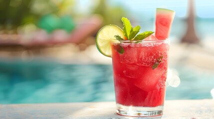 Frosty Watermelon Cocktail by Poolside with Lime and Mint