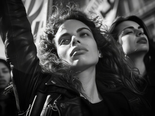 A feminist woman fights for her rights at a rally, black and white photo