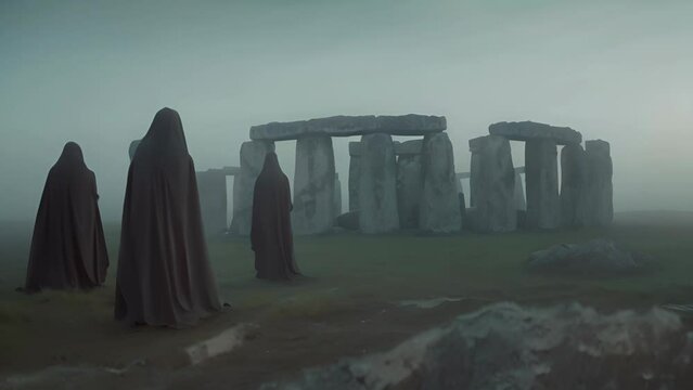 Three figures in black cloaks at the stone circle in fog. The concept of mysticism and antiquity.