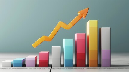 Colorful 3D Bar Graph with Upward Arrow Symbolizing Growth