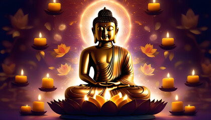 A Buddha statue surrounded by lit candles in the background