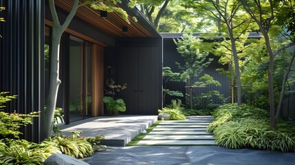Main entrance door. Japanese, minimalist style exterior of villa in forest. Black panel walls and...