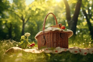 3D animated scene of a picnic basket on a lush green lawn, with sun rays filtering through tree leaves, summer day background