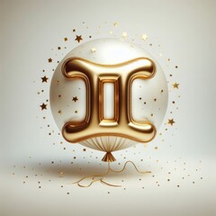 Golden Gemini zodiac sign, 3D golden zodiac sign in the form of a balloon surrounded by stars.