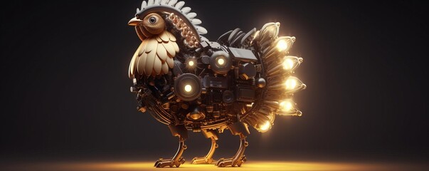 3D model of a chicken with gears and light bulbs incorporated into its design, ideal for creative projects, with text space