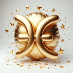 Golden Pisces zodiac sign, 3D golden zodiac sign in the form of a balloon surrounded by stars.