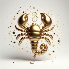 Golden scorpio zodiac sign, 3D golden zodiac sign in the form of a balloon surrounded by stars.