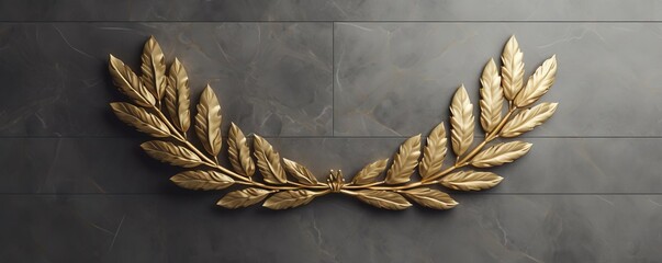 Artistic 3D golden laurel wreath, denoting classical victory, positioned on a simple marble background