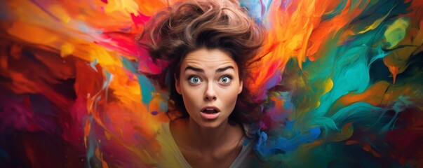 Artistic portrait of a young model showing a look of surprise, with a colorful abstract background to highlight the emotion