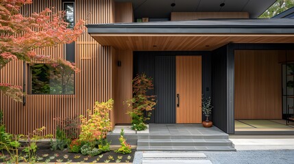 Main entrance door. Japanese, minimalist style exterior of villa in forest. Black panel walls and...