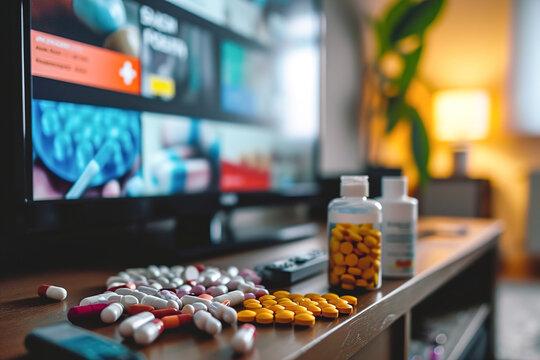 A pile of different pills in the foreground, a TV ad for drugs on the screen in the background.