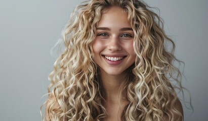 Happy blond woman with long layered hair smiling as wind blows her hair
