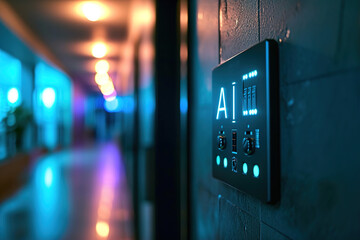 An AI-controlled electrical panel in the hallway of a house. Glowing text AI.
