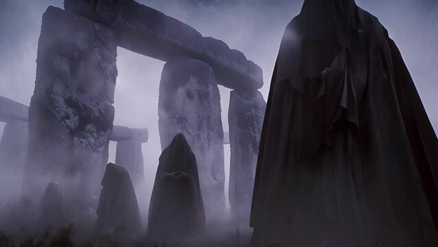 Misty stones with a mysterious figure. The concept of mysticism and ancient civilizations.