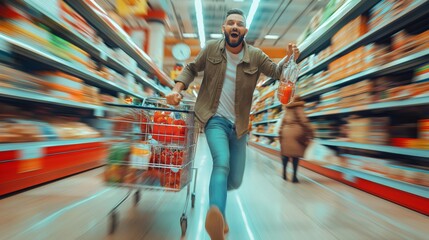 Happy man with a beard pushing a full grocery cart with enthusiasm, smiling widely during a lively shopping trip in a supermarket aisle