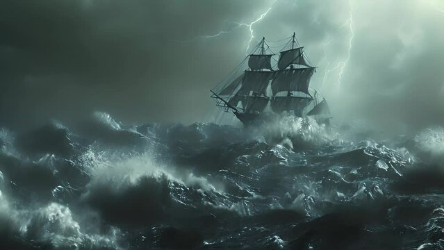 Ship in a storm at sea with lightning. The concept of adventure and survival.
