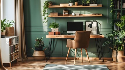Modern home office with wooden desk and office chair against of green wall with shelf