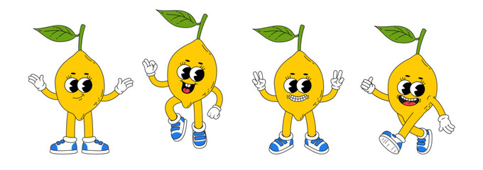 Cute cartoon lemon character in different poses. Comic vector illustration of fresh summer fruit.
