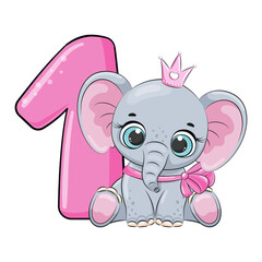 HAPPY birthday card for first birthday with elephant. Vector illustration.