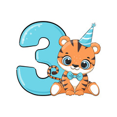 HAPPY birthday card for third birthday with tiger. Vector illustration.
