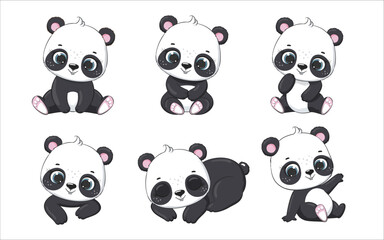 Set of cute baby panda in different poses. Vector illustration.