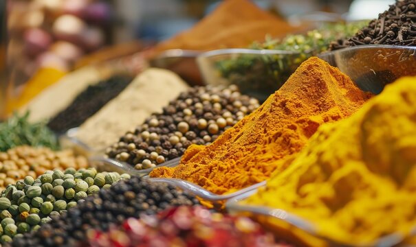 The photograph picturesquely reveals a variety of vibrant spices at a market stall, inviting you to an exciting culinary journey