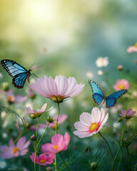 Flowers garden with pink and white blossom Cosmos flowers and blue butterflies in morning light, summer flower theme, spring time theme.