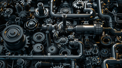 dark industrial 3D render: vehicle parts pattern with car gears and pipes  - obrazy, fototapety, plakaty