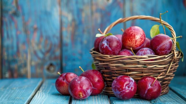 Burgundy plums in a basket on a blue wooden kitchen table