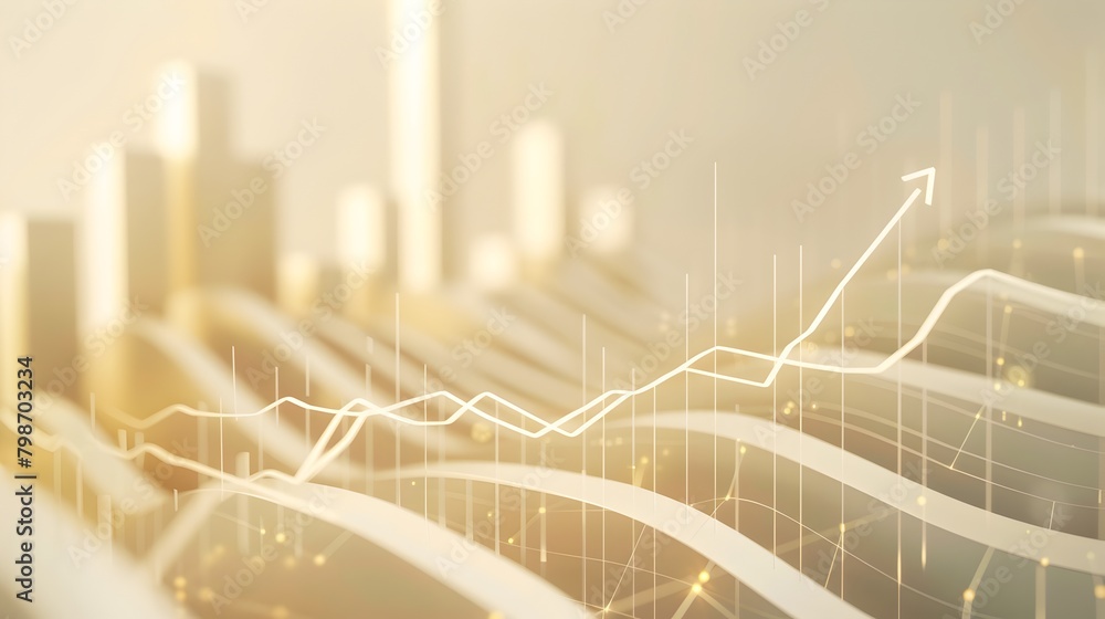 Poster financial forecast visualization with weaving arrows and charts on beige canvas
