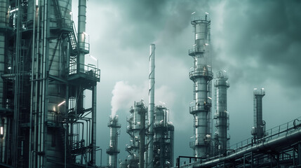 modern petrochemical plant with reactors and converters under heavy sky with copy space - obrazy, fototapety, plakaty
