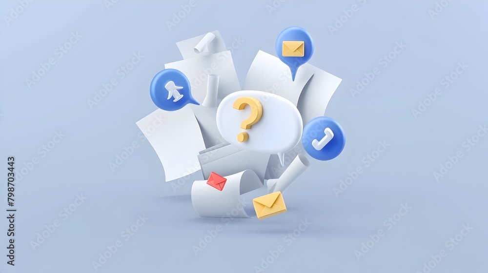 Aufkleber fanned paper sheets with floating question mark on soft blue background