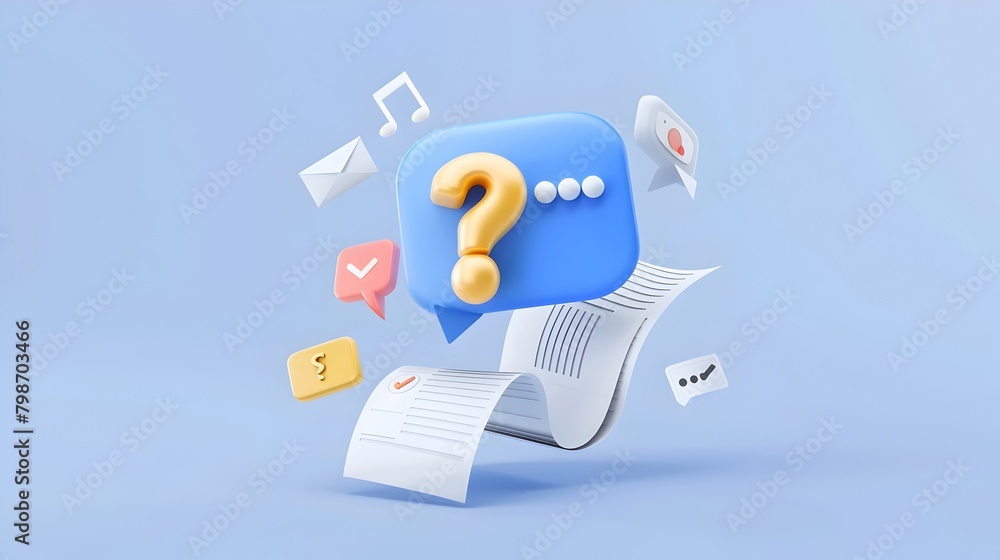 Aufkleber sleek 3d of floating question mark in thought bubble with fanned paper sheets on soft blue