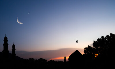 Masjid Dome Islam Moon Star Night Isra miraj Namaz Sunset Background Mubaruk Greeting Islam Ramadan...