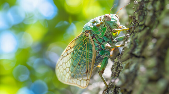 Macro close up Cicada insect on tree.