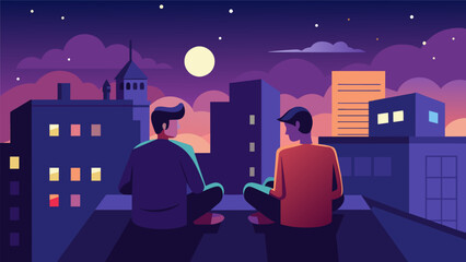 Amidst the chaos of the city two friends find solace on a rooftop their words carrying weight and meaning in the stillness of the night.. Vector illustration