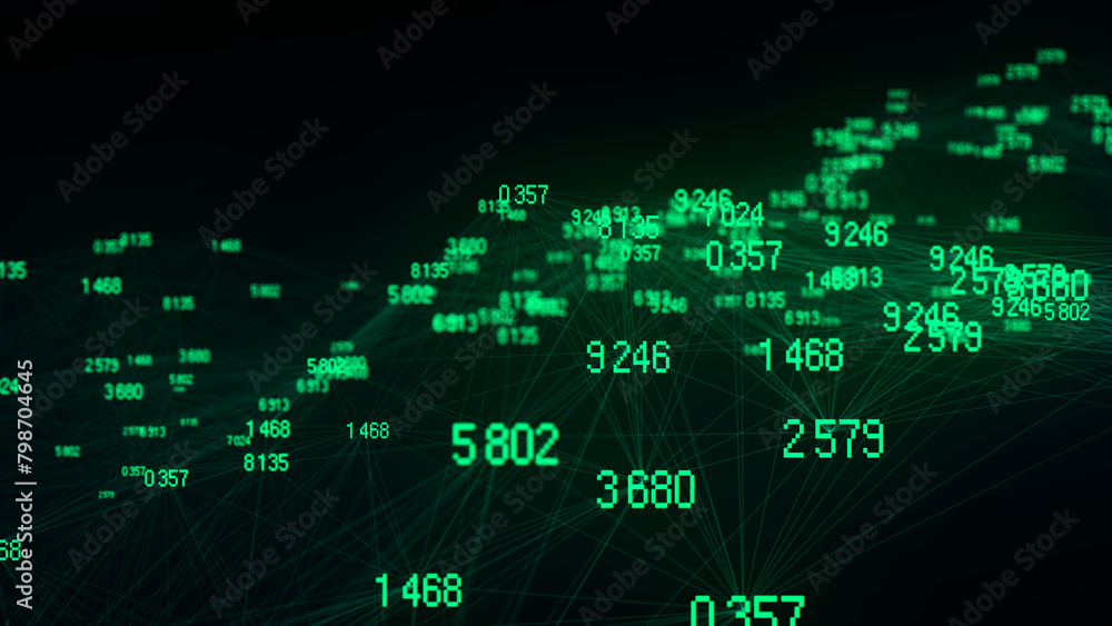 Fototapete Block chain technology concept. Big data visualization. Artificial intelligence. Green network connection structure. Abstract digital background with matrix. 3d rendering.