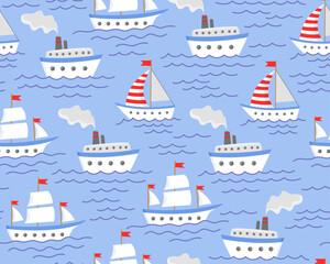 Sea seamless pattern. Summer childish pattern. 
Ships, steamships, sailboats. Sea with waves. Cute cartoon design. Design for fabric, paper, print, wrapping.