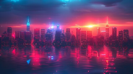 A neon-lit USA flag casting a radiant glow over a cityscape at night, blending patriotic symbolism with a contemporary, energetic aesthetic.