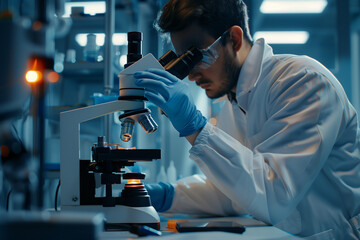 Scientist using advanced technology, examining samples under a microscope and entering data on a portable computer