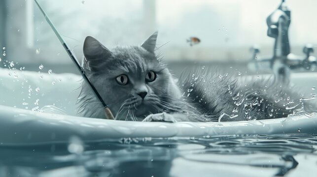 A gray cat fisher with a fishing rod drifts in the bathtub in the sea.