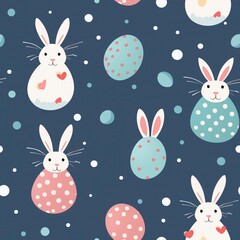 Seamless digital tile with Easter bunnies and polka dot eggs, festive and fun pattern