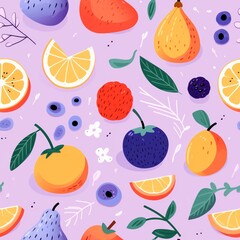 Fresh and juicy fruits. Seamless pattern with hand drawn fruits. Vector illustration.