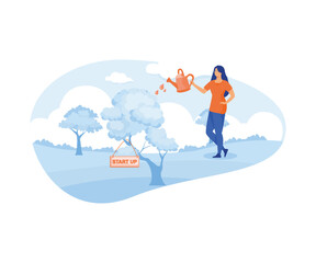 Start up green business growth concept. Human hand with can watering a tree with Start up sign board. flat vector modern illustration