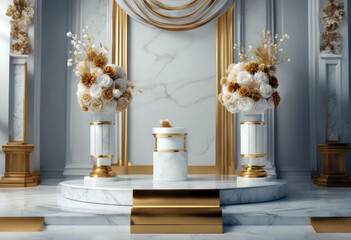 'splay decorated marble gold 3d render Showcase podium floral product pedestals commercial white blank arrangement paper empty background flowers abstract poduim three-dimensional pedestal' - Powered by Adobe