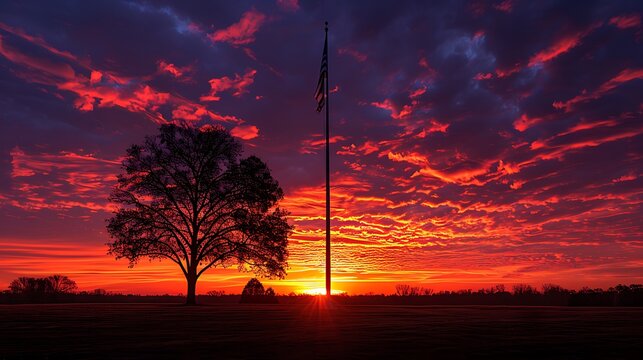 A somber tribute with the USA flag at half-mast against a poignant sunset backdrop, ideal for Memorial Day or Veterans Day commemorations.